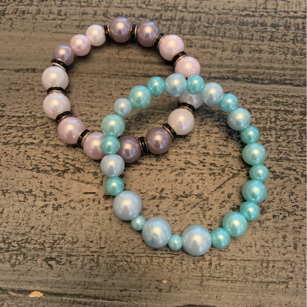 Homemade Stretch Beaded Bracelets, 7.5” Colorful beads, Set of 2 New Bracelets